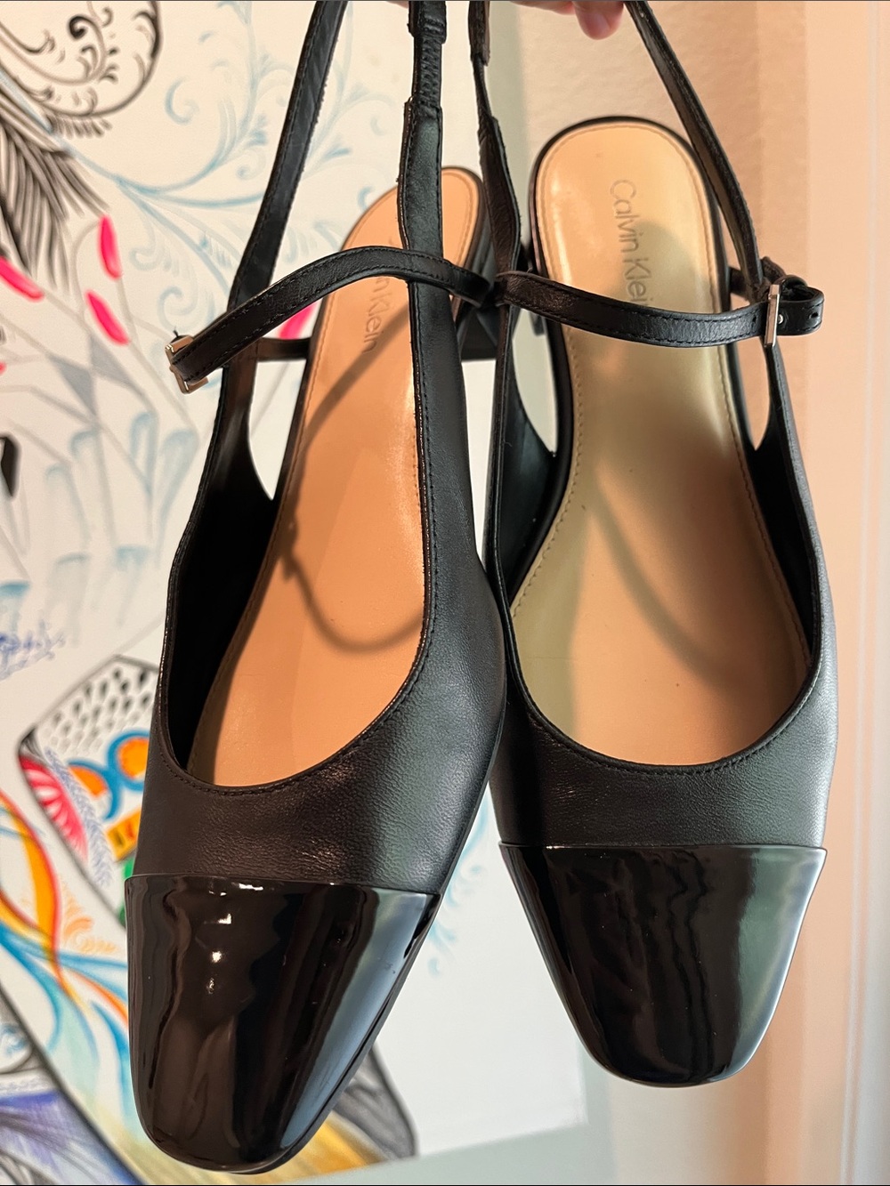 Calvin Klein Black Slingback Flats with Patent Toe